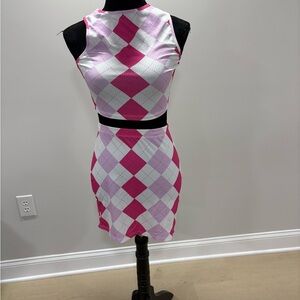 SHEIN Pink and White Argyle Knit Dress